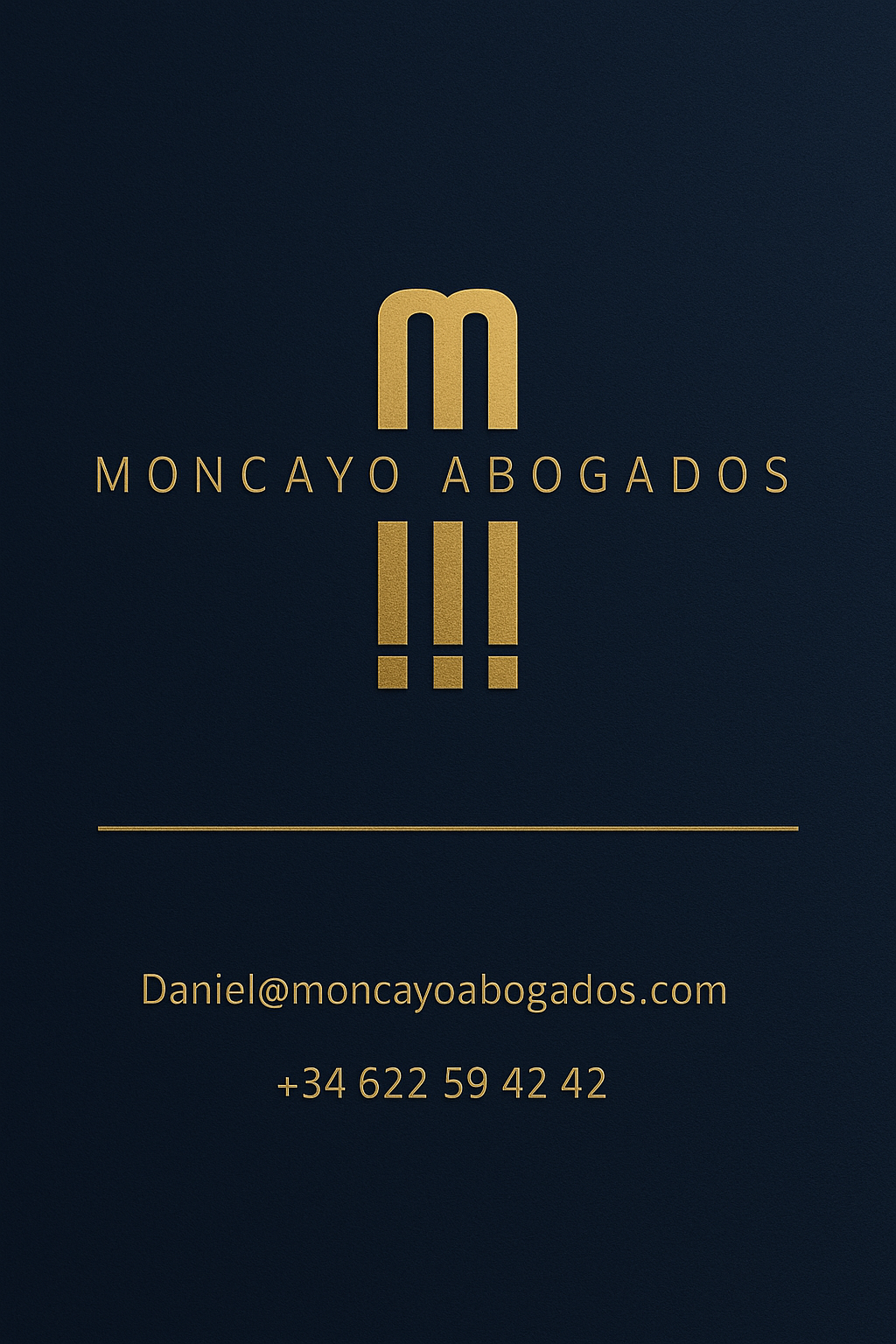 Moncayo Abogados — Identidad corporativa dorada sobre fondo azul oscuro